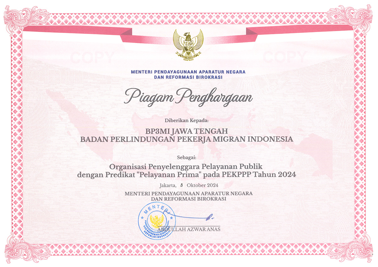 BP3MI Jawa Tengah Menjadi Unit Lokus Evaluasi, BP2MI Raih Indeks 4,52 dan Kategori A (Pelayanan Prima) di PEKPPP 2024, Prestasi Tertinggi Sejak 2019